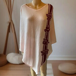 BERYLL V-neck One Size Soft Luxury Cashmere Knit Pink Floral Cape Top Poncho NWD